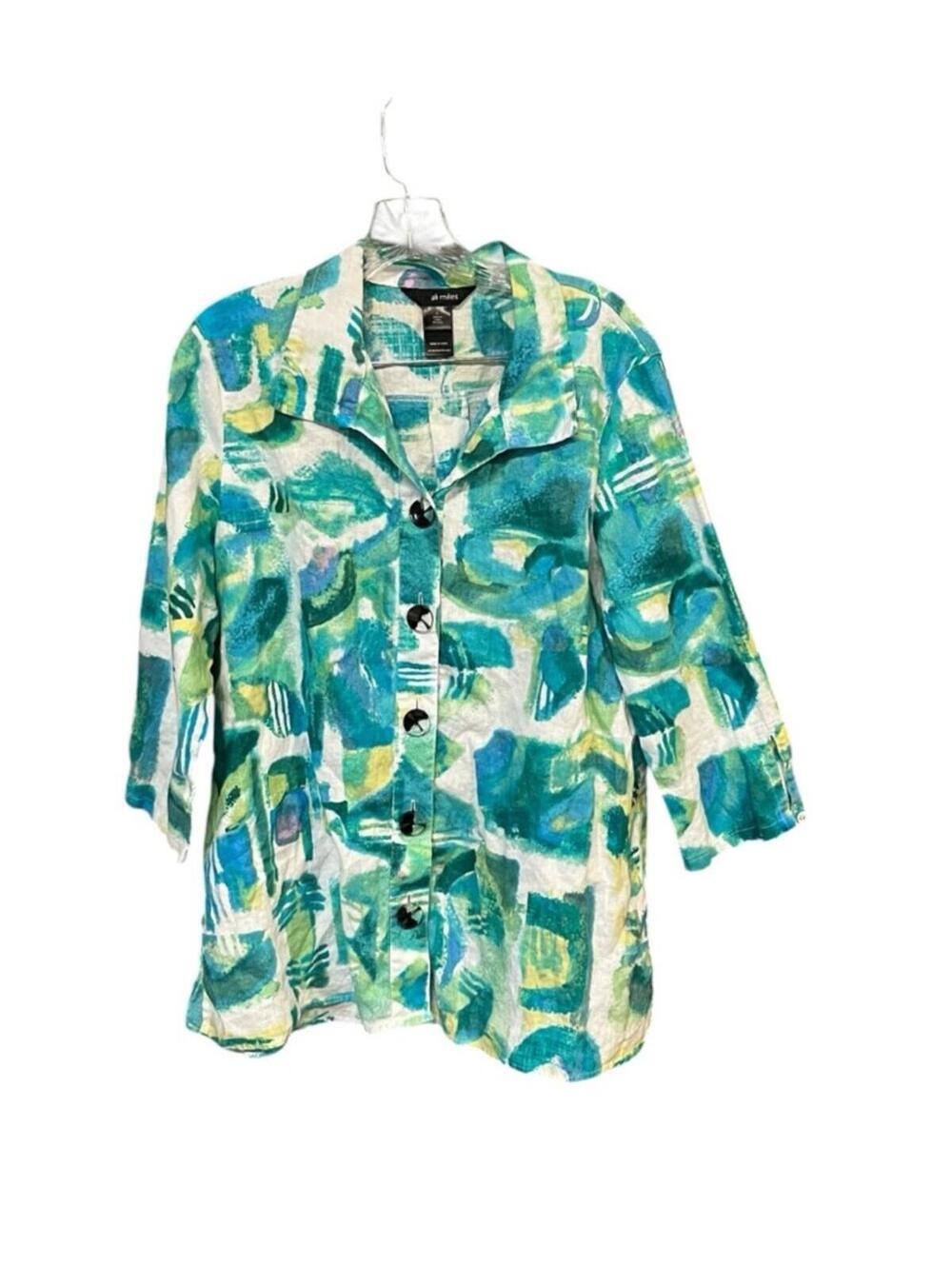 Ali Miles Linen Blend Button Front Blouse Women’s L Green Yellow Abstract Top